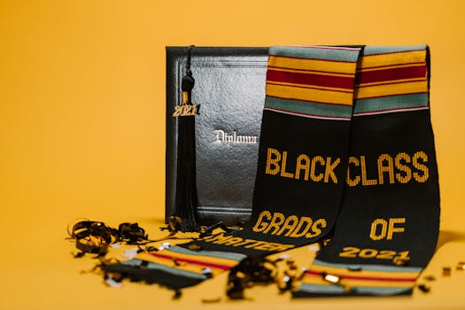 Close-up of a graduation diploma and stole with text 'Black Class of 2021' on a vibrant yellow background.